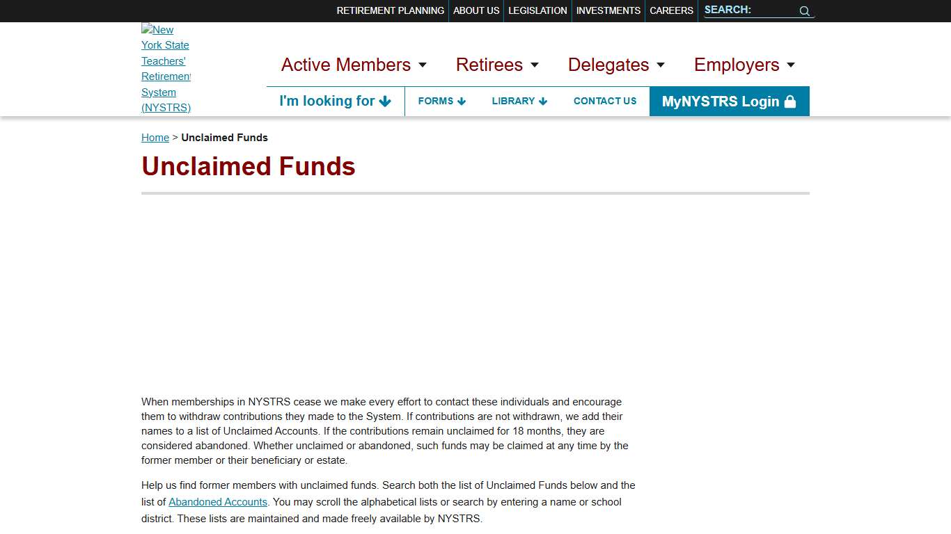 Unclaimed Funds NYSTRS